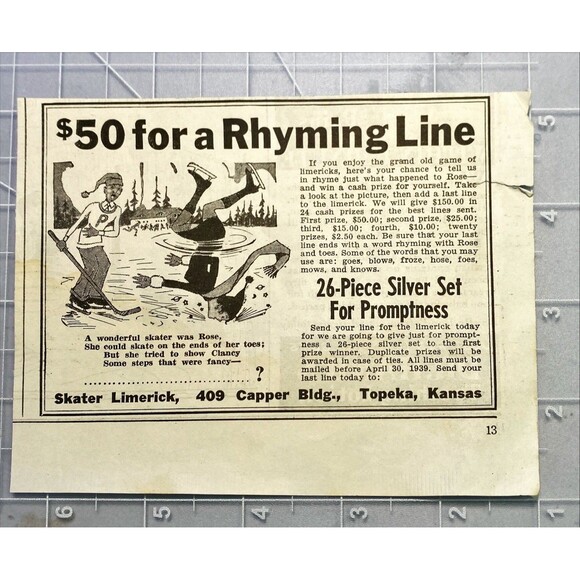 Skater Limerick "$50 for a Rhyming Line with provided picture" Vtg Print Ad 1939 - Picture 2 of 3